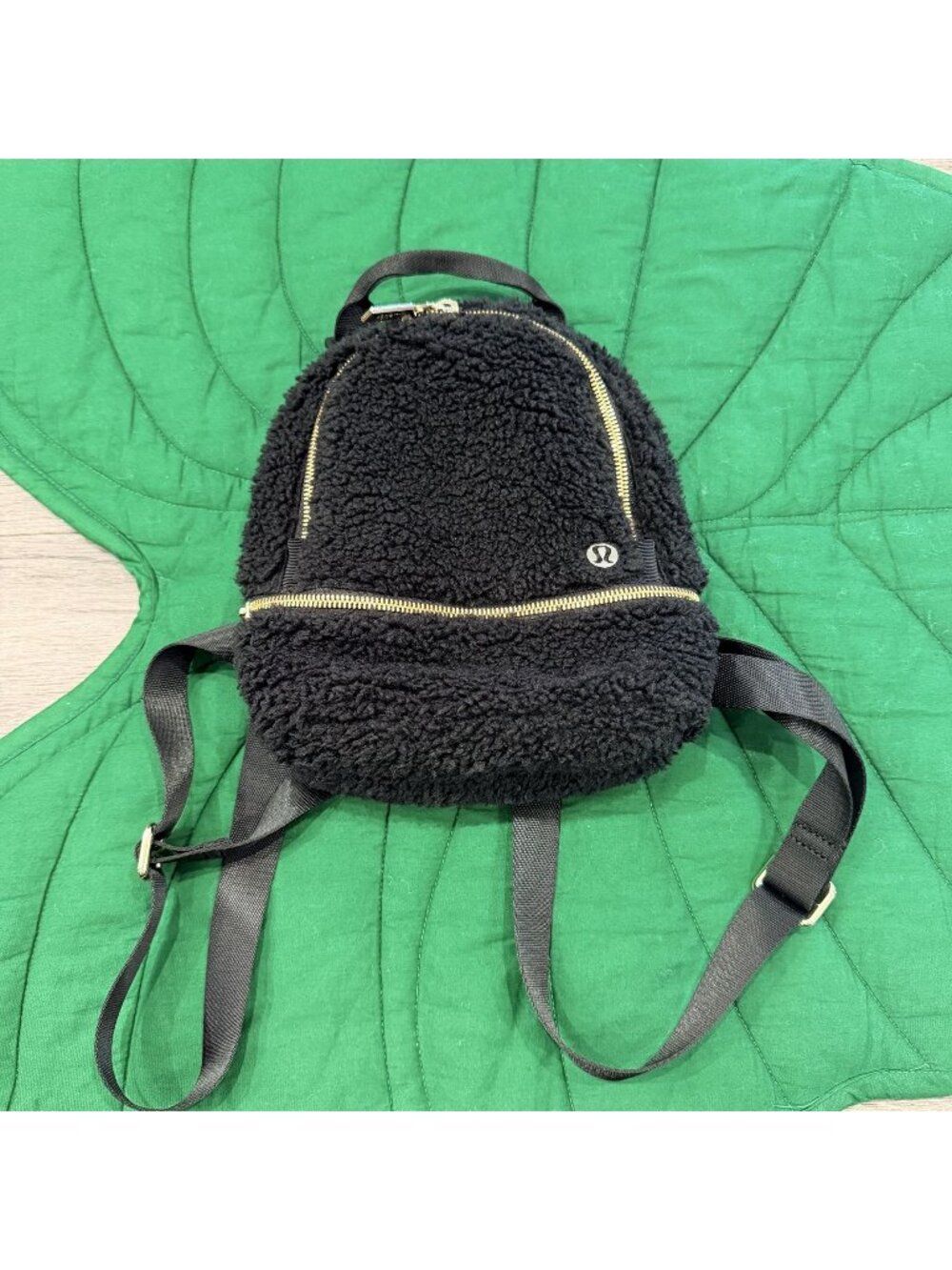 Lululemon Everywhere Black Sherpa Fleece Mini Backpack Gold Hardware